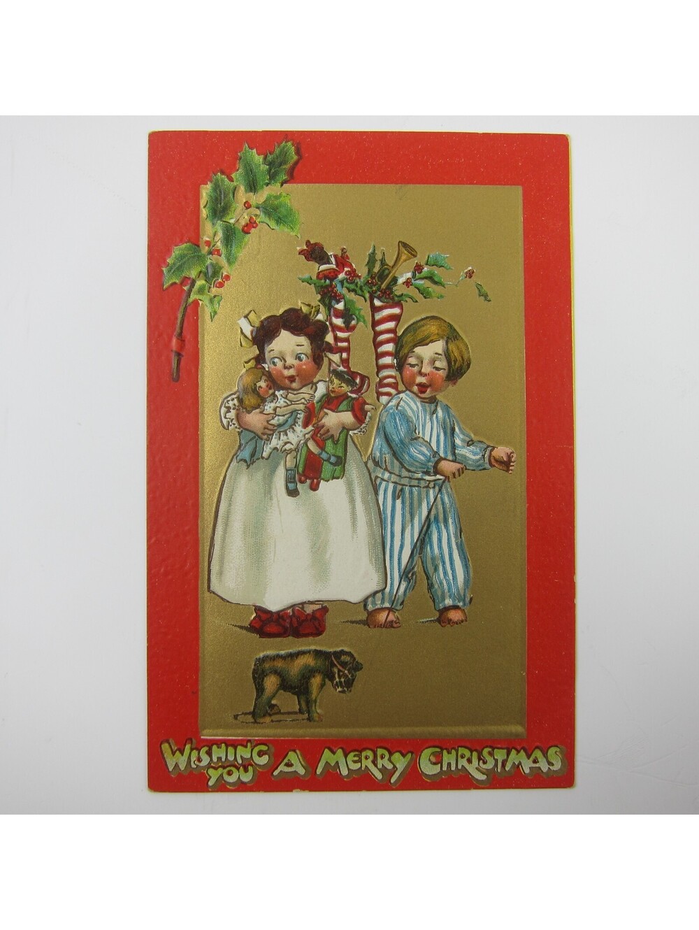 Christmas Postcard Children Toys Raphael Tuck Crimson & Gold Embossed Antique